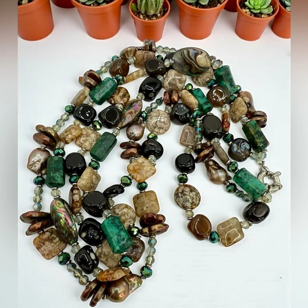 Three-Strand Multi-Gemstone Flameball Pearl Shell & Crystal Necklace 18” 20” 22” - Picture 12 of 17